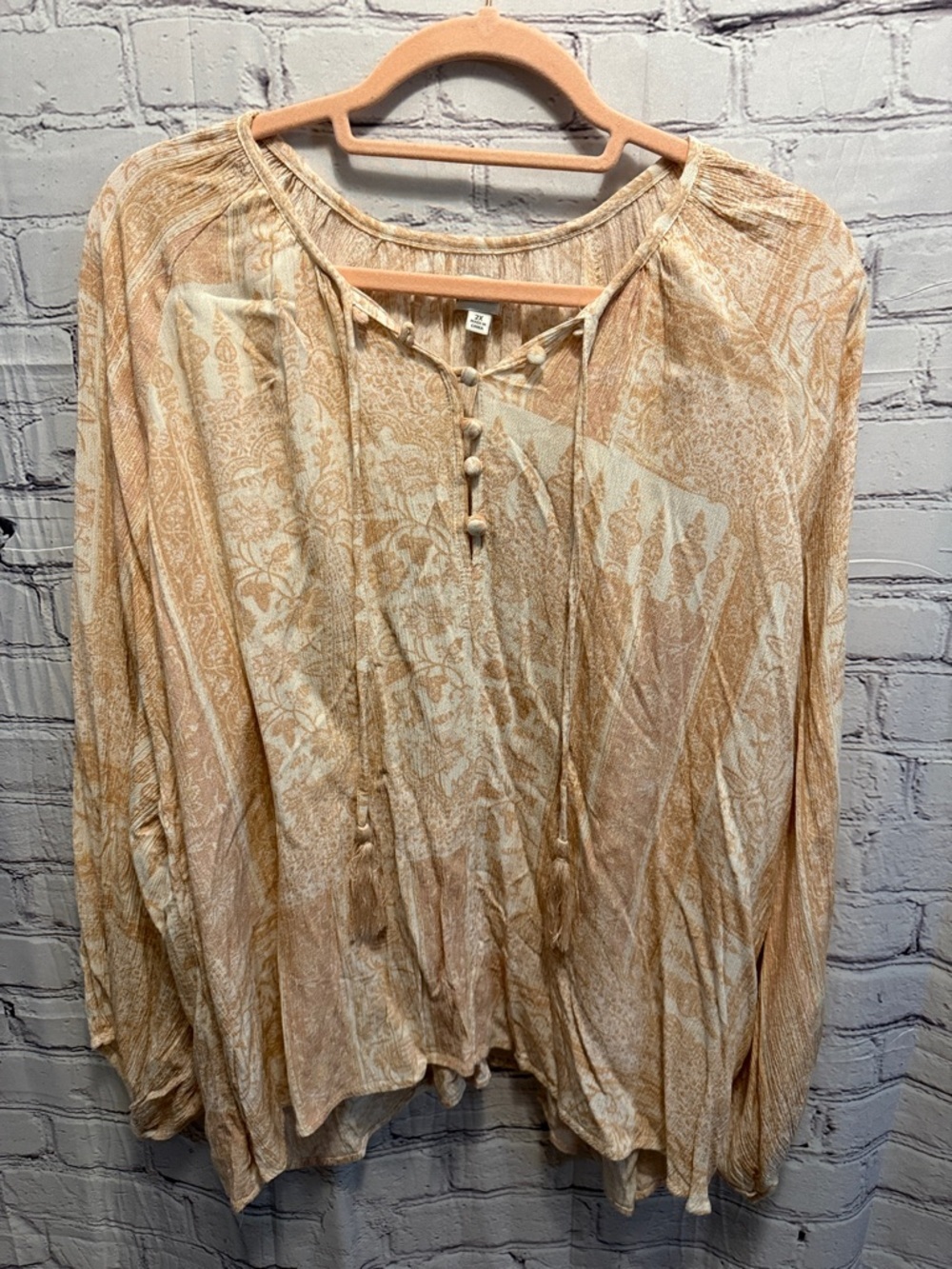 Wonderly Cream & Tan Boho Tie-Front Peasant Blouse